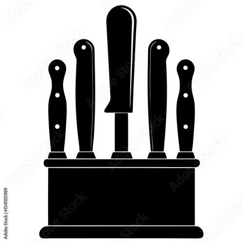 Black Silhouette Knife Set in Wooden Block Stand Five Knives Different Sizes Kitchen Utensils vector