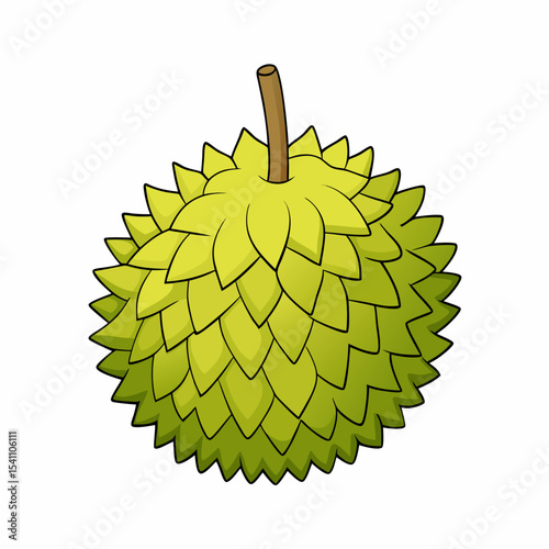 Durian Fruit Realistic Cartoon Illustration Green Spiky Exterior Brown Stem White Background vector