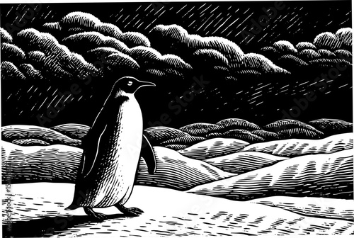 Emperor Penguin Waddling Alone on a Snowy Antarctic Landscape Under a Stormy Sky Black and White Woodcut Style Illustration