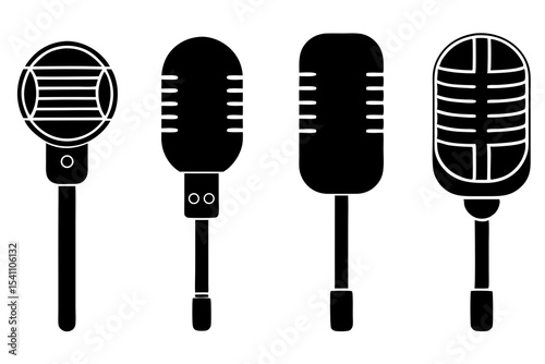 Four Black Silhouette Microphones Different Styles Isolated White Background vector