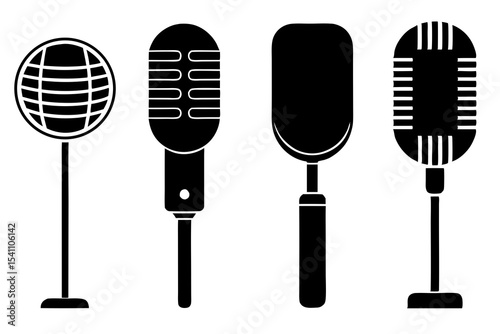 Four Black Silhouette Microphones Various Styles Isolated White Background silhouettes