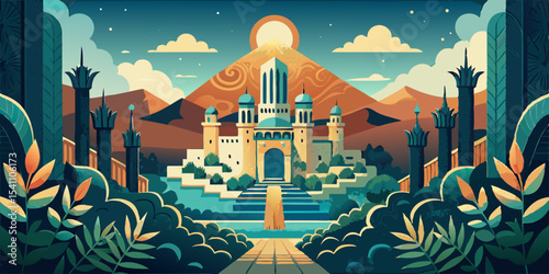 Hand Drawn Flat Illustration of a Majestic Palace nestled in a Desert Oasis at Sunset with Teal and Orange Accents