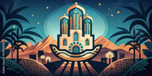 Hand Drawn Hamsa Hand Flat Vector Illustration Teal Turquoise Beige Desert Oasis Building Palm Trees Night Sky