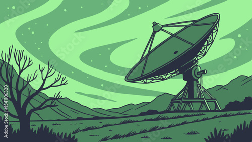 Parabolic Dish Antenna in a Green Mountain Landscape Under a Swirling Aurora radio telescope astronomy