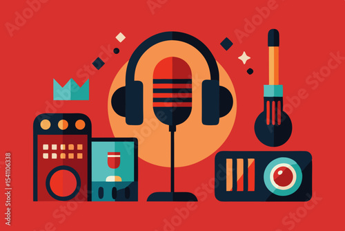 Recording Studio Concept Art Flat Design Red Background Microphone Headphones Mixer Crown vector
