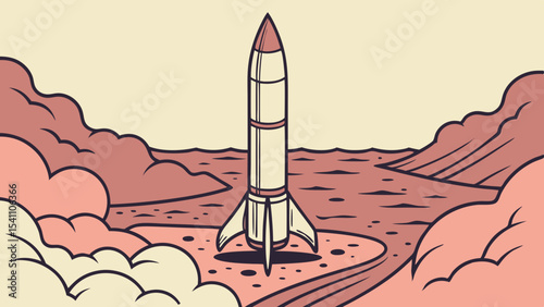 Retro Rocket Launching from Martian Crater Beige Cream Pink Ocean Abyss Vector Illustration mars