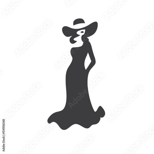 Portrait of a beautiful woman in an elegant wide-brimmed hat in a minimalist style. Young girl in a dress. High Fashion vector illustration.