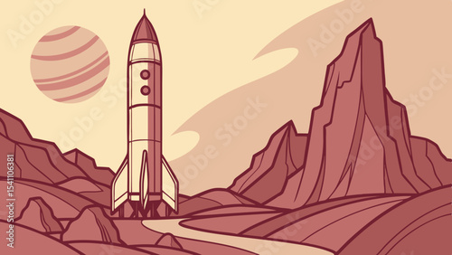 Rocket Booster Landing on Mars Canyon at Twilight Engraved Style Illustration vector