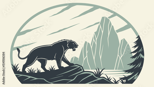 Retro Style Saber Tooth Tiger Silhouette on Mountain Landscape with Transparent Background smilodon extinct animal
