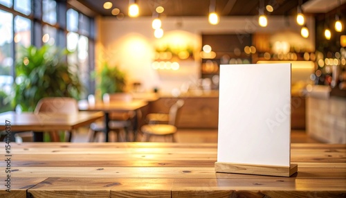 Blank tabletop sign on wooden table indoor cafe