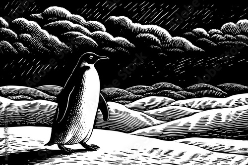 Solitary Penguin Waddling Across Snowy Antarctic Landscape Under a Dark Cloudy Sky Black and White Woodcut Style Illustration