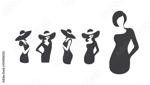 Portrait of a beautiful woman in an elegant wide-brimmed hat in a minimalist style. Young girl in a dress. High Fashion vector illustration.