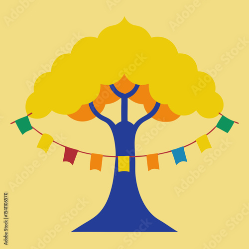 Yellow Bodhi Tree with Colorful Prayer Flags Hanging String Decoration on Pale Yellow Background sacred tree