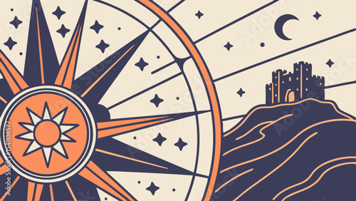 Zodiac Wheel Ecliptic Citadel Orange and Teal Celestial Design with Castle on Hill vector