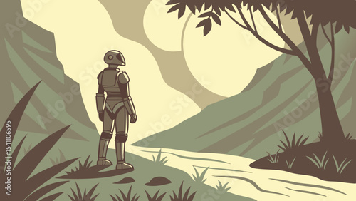 Anodized Robot Contemplates Serene Oasis Landscape Beige and Green Tones android humanoid