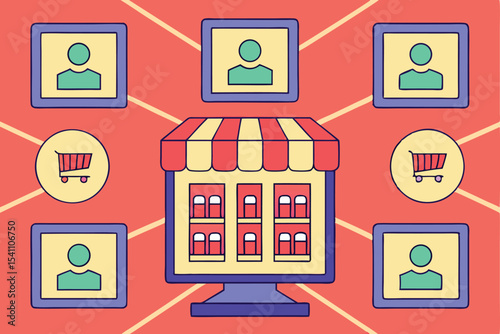Online shopping concept depicting a store connected with customers and shopping carts.