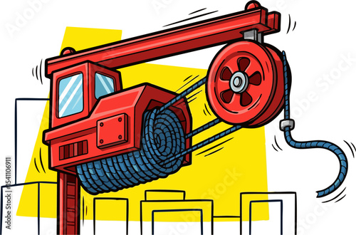Cartoon Red Crane Lifting Coiled Rope Against Yellow Cityscape