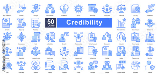 Credibility icon set contains 50 icons including, deduction, accountability, vindication, ethical, reputable, trustworthiness, legitimacy, dignity, assessment, authenticity, simple vector blue style