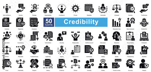 Credibility icon set contains 50 icons including, evidence, honestly, fidelity, accuracy, integrity, self confidence, veracity, prestige, dependability, confidence, proven, simple vector glyph style
