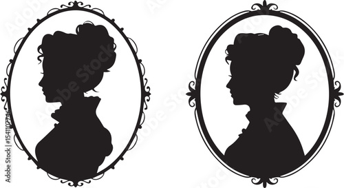Vintage Female Silhouette Portraits in Ornate Oval Frames vector