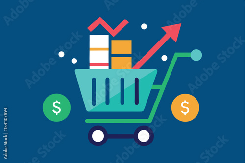Increasing sales illustrated with shopping cart, arrow, and financial growth chart
