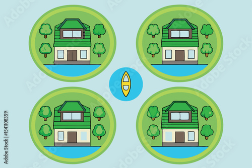 Cartoon houses with trees and a boat symbol, a design for residential concepts