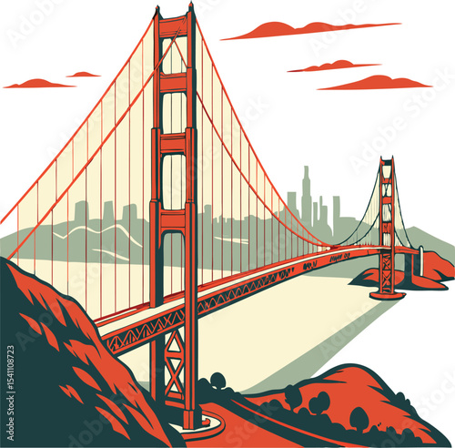 Vintage Retro San Francisco Golden Gate Bridge Illustration – Travel Poster Style