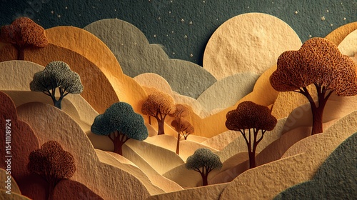 A cinematic shot with strong, focused light highlighting the intricate details and distinct layers of the paper-cut mountains and waves Paper Cutout Landscape Stylized Nature Art