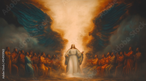 Pentecost scene with Jesus and the disciples, flames above their heads symbolizing the Holy Spirit. Ai Generated Images