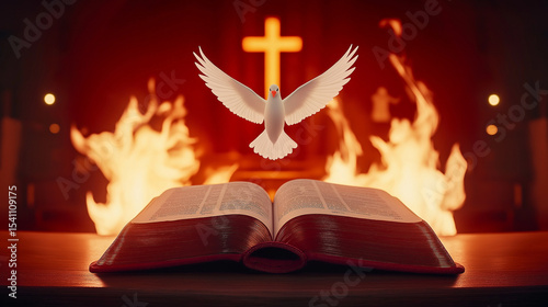 Pentecost theme with a Bible, dove representing the Holy Spirit, flames, and crosses in the background, vibrant red and orange. Ai Generated Images