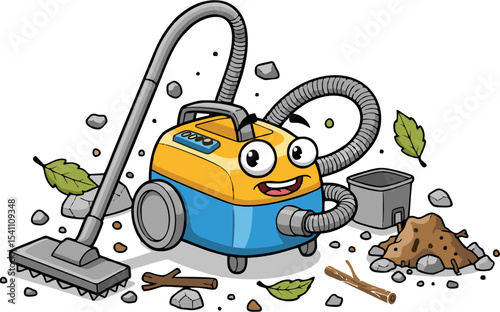 Cartoon Vacuum Cleaner Cleaning Up Debris