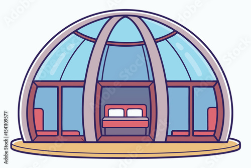 Modern dome shaped architecture illustration with bedroom inside on a white background