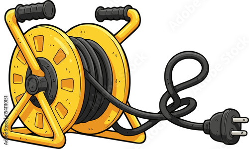 Cartoon Yellow Extension Cord Reel with Black Cable and Plug Detail