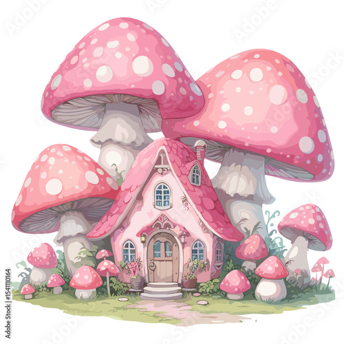 Whimsical Pink Mushroom House with Toadstools in a Fantasy Forest