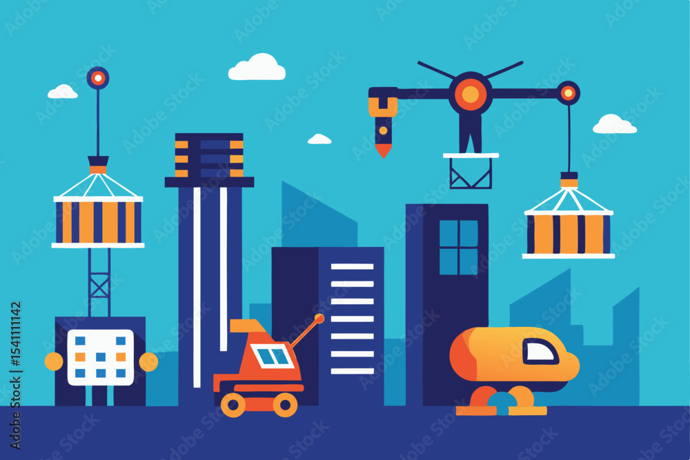 Naklejka premium Abstract construction site illustration with cranes buildings and transport vehicles