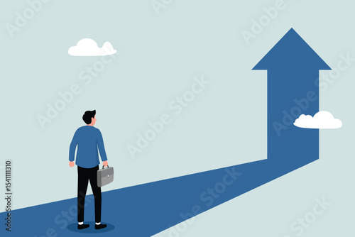 Business success concept to the next level. Businessman standing in front of an arrow symbol pointing up
