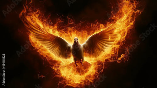 Holy Spirit symbol with a dove surrounded by flames, vibrant and powerful imagery, divine light and energy radiating from the dove. Ai Generated Images