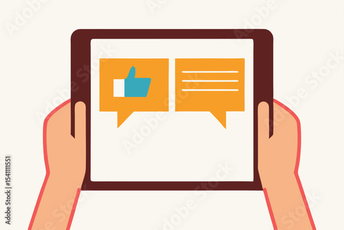 Social media tablet screen with like button and messaging icons