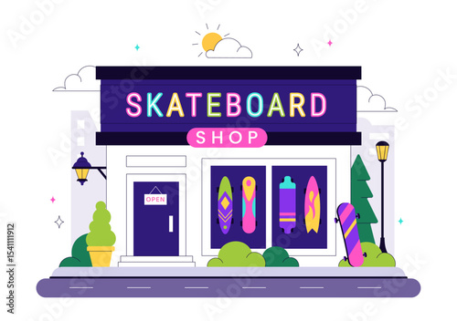 Skateboard Shop Vector Illustration Featuring a Shop That Sells Skateboards Equipment Such as Boards, Wheels, and Other Accessories Background