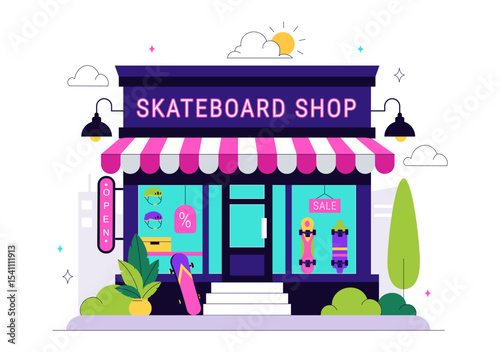 Skateboard Shop Vector Illustration Featuring a Shop That Sells Skateboards Equipment Such as Boards, Wheels, and Other Accessories Background