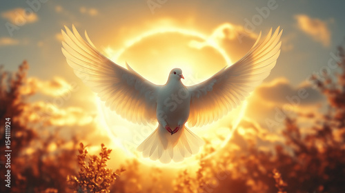 Divine imagery of a glowing dove in the sky surrounded by radiant light, ethereal and heavenly atmosphere. Ai Generated Images