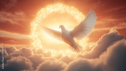 Divine imagery of a glowing dove in the sky surrounded by radiant light, ethereal and heavenly atmosphere. Ai Generated Images