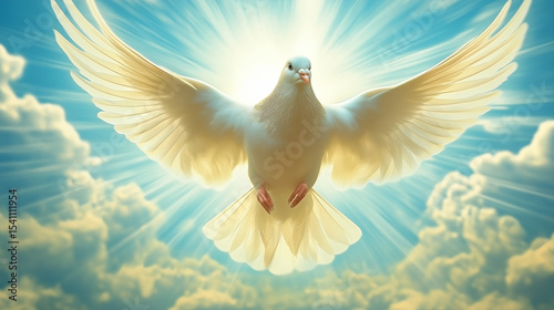 Divine imagery of a glowing dove in the sky surrounded by radiant light, ethereal and heavenly atmosphere. Ai Generated Images