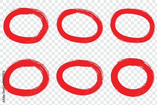 Six brush stroke circles on transparent background. Circle frame brush stroke, round shape.
