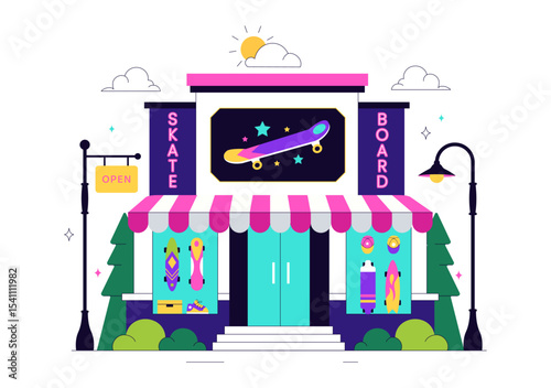 Skateboard Shop Vector Illustration Featuring a Shop That Sells Skateboards Equipment Such as Boards, Wheels, and Other Accessories Background