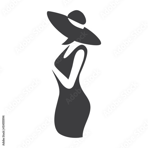 Portrait of a beautiful woman in an elegant wide-brimmed hat in a minimalist style. Young girl in a dress. High Fashion vector illustration.
