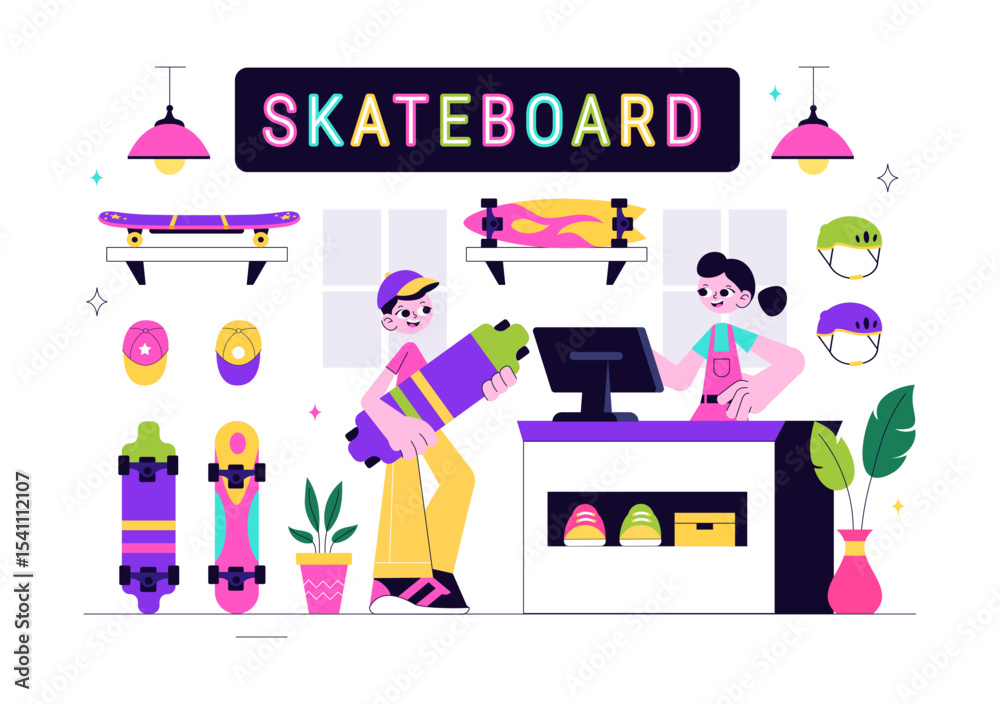 Naklejka premium Skateboard Shop Vector Illustration Featuring a Shop That Sells Skateboards Equipment Such as Boards, Wheels, and Other Accessories Background