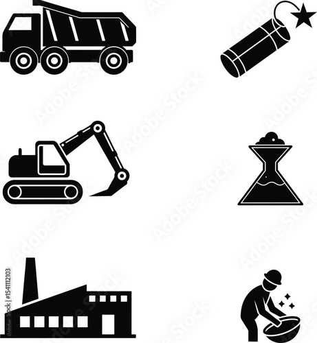 Mining icon set. Containing minerals, gold, pickaxe, miner, excavator, diamond, coal wagon, jackhammer and gold panning icons. Solid icon collection. Vector illustration.