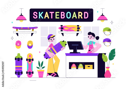 Skateboard Shop Vector Illustration Featuring a Shop That Sells Skateboards Equipment Such as Boards, Wheels, and Other Accessories Background