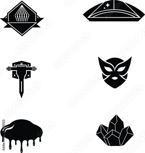 Mining icon set. Containing minerals, gold, pickaxe, miner, excavator, diamond, coal wagon, jackhammer and gold panning icons. Solid icon collection. Vector illustration.
